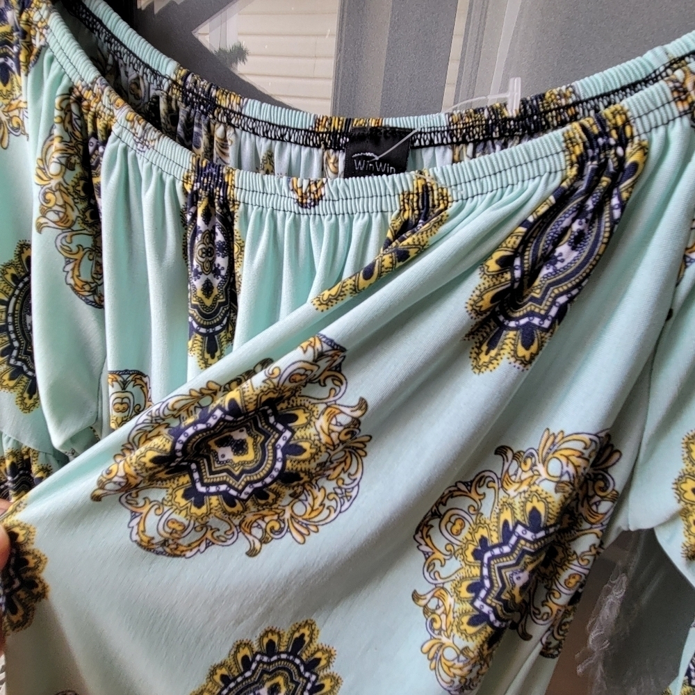WIN WIN Boho Women's Blouse 3/4 Sleeves Off Shoulder L/XL Lace Multicolor Tunic - Picture 9 of 9